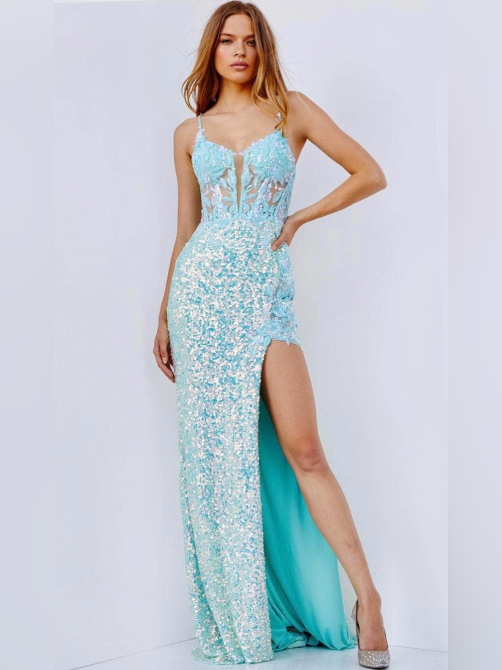 Jovani - Aqua Sequin Lace Evening Gown with Thigh Slit, NWT, Size 10